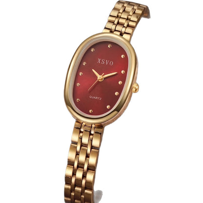 Cross-border hot red dial gold watch ladies' quartz watch, vintage oval square watch for women, light luxury niche outer