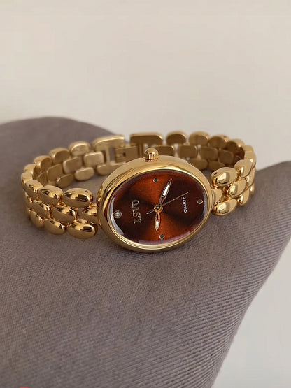 Cross-border hot red dial gold watch ladies' quartz watch, vintage oval square watch for women, light luxury niche outer