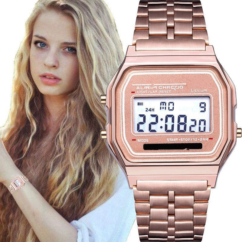 2023 steel belt led electronic watch ultra-thin gold and silver cold light watch F91W steel belt Harajuku style fashion multifunctional watch