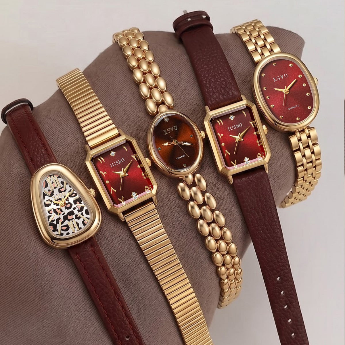 Cross-border hot red dial gold watch ladies' quartz watch, vintage oval square watch for women, light luxury niche outer
