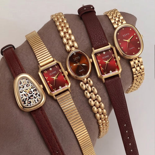Cross-border hot red dial gold watch ladies' quartz watch, vintage oval square watch for women, light luxury niche outer