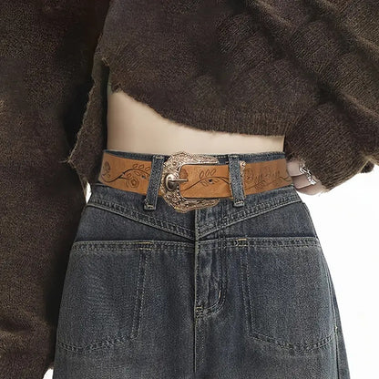 European and American style babes daily brown texture niche vintage pin buckle belt print pattern batch belt unisex