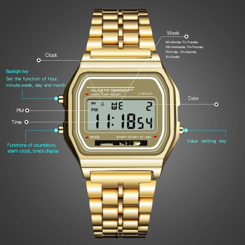 2023 steel belt led electronic watch ultra-thin gold and silver cold light watch F91W steel belt Harajuku style fashion multifunctional watch