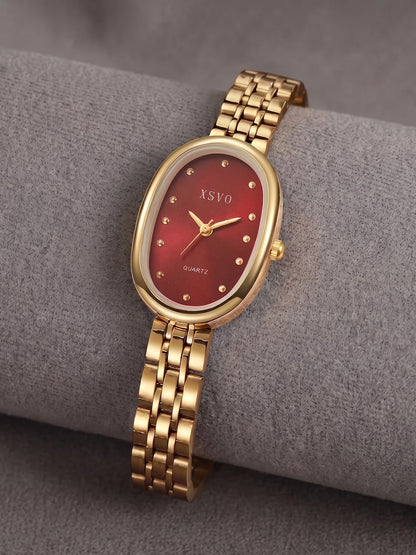 Cross-border hot red dial gold watch ladies' quartz watch, vintage oval square watch for women, light luxury niche outer