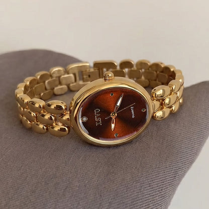 Cross-border hot red dial gold watch ladies' quartz watch, vintage oval square watch for women, light luxury niche outer
