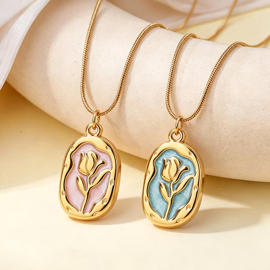 TOHM Vintage Stainless Steel Oil Drop Tulip Pendant for Women, High-End Accessory, Gold-plated, Fading-proof Floral Necklace
